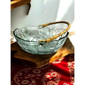 Vintage Libbey Orchard Fruit Green Tint Embossed Oval Bowl Basket